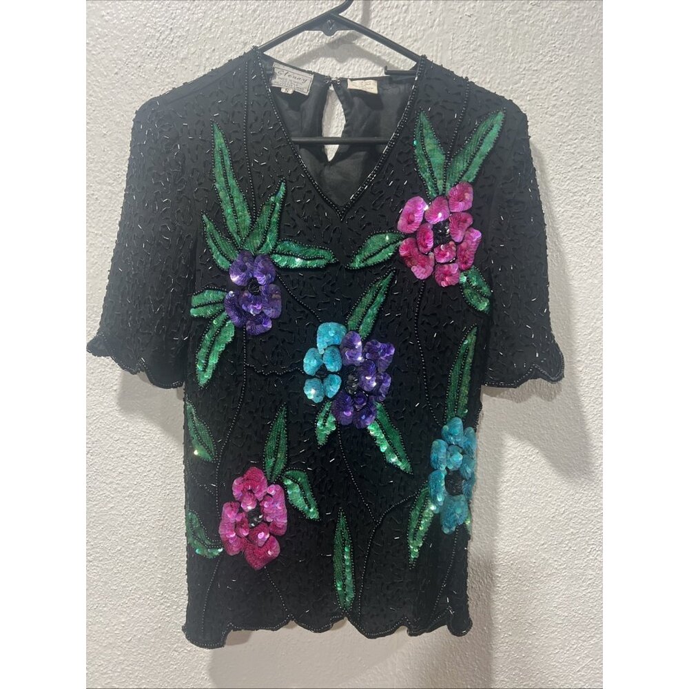 Vintage Stenay Silk Beaded Sequined FloralTunic‎ Shirt Small